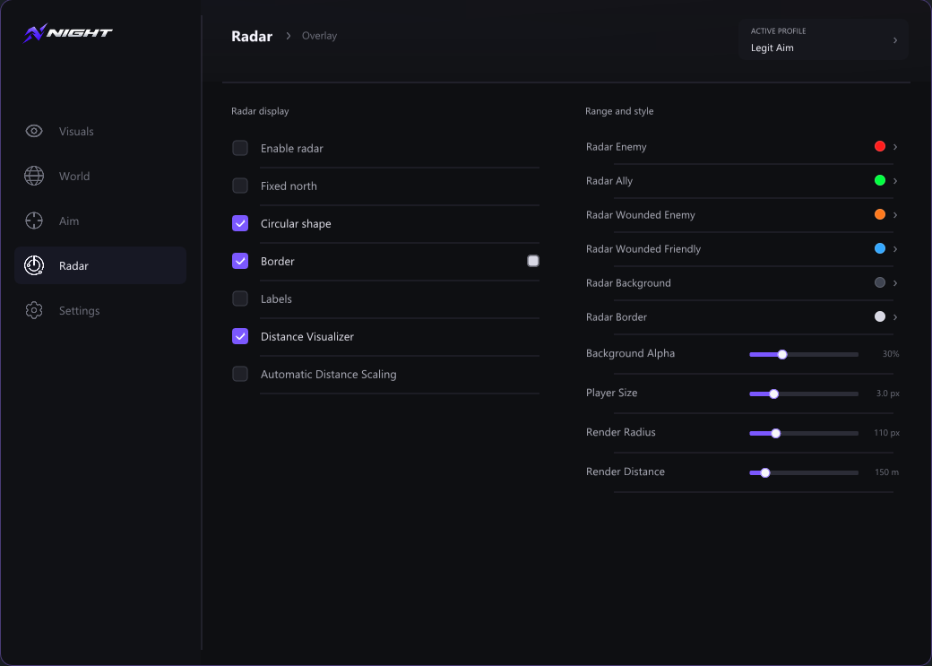 Aba Radar do menu