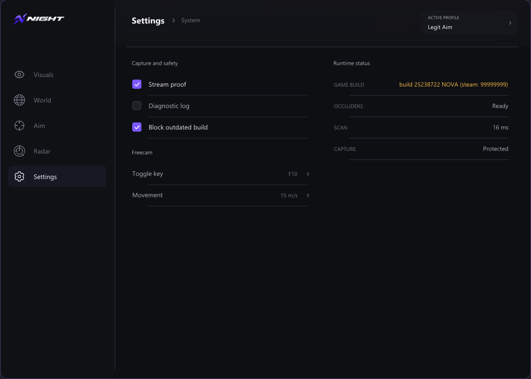Aba Settings do menu